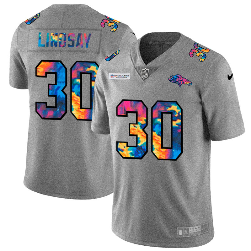 NFL Denver Broncos #30 Phillip Lindsay Men Nike MultiColor 2020  Crucial Catch  Jersey Grey